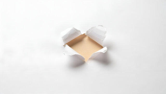 A hole torn in a sheet of white paper revealing a light brown background, isolated on white background