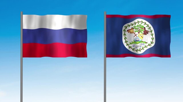 Flag of Belize and Russia, Pole flag of Belize and Russia on clear sky background. Belize and Russia flag waving. 
