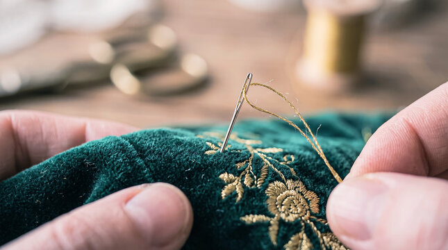 Hands sewing gold embroidery on green velvet with copy space