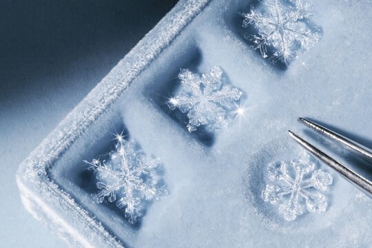 Snowflakes and snow crystals displayed in a velvet ring tray, featuring a chilled and precise look for winter jewellery and beauty design with copy space