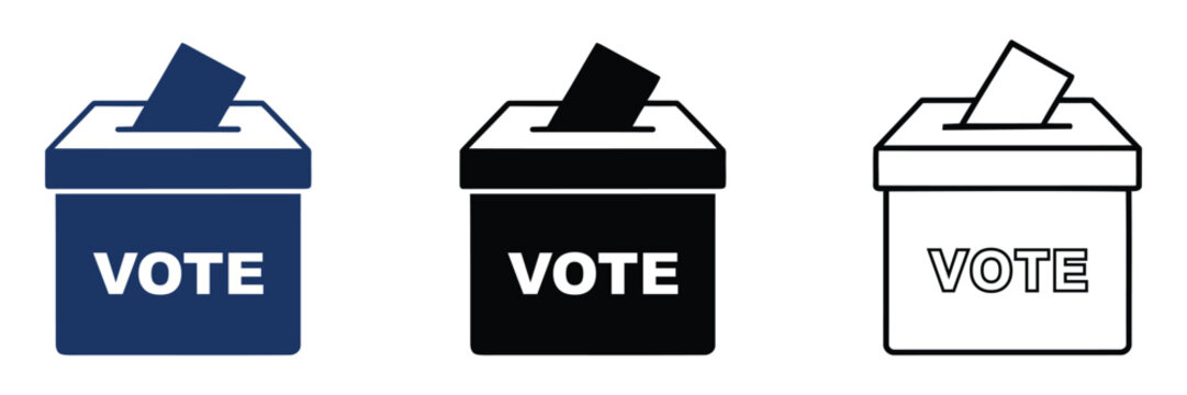 Vote ballot box vector icon set featuring election ballot boxes with paper slips for voting campaign, political event, and democracy design.