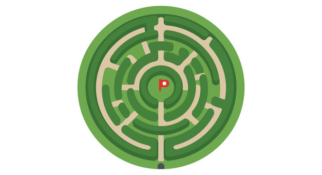 A circular green labyrinth with a red start and blue end point is illustrated on a white background