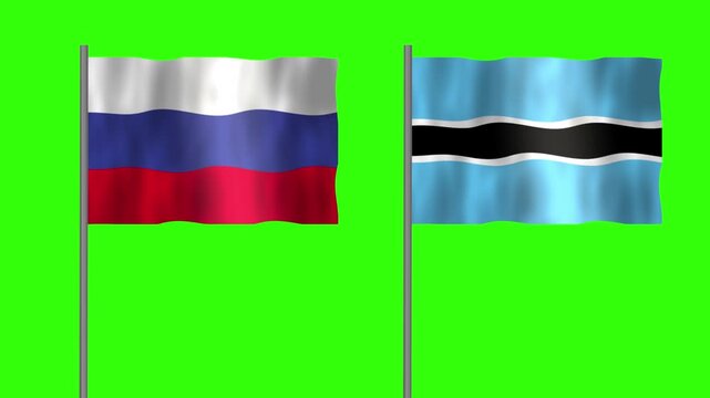 Flag of Botswana and Russia, Pole flag of Botswana and Russia on Green screen chroma key, Botswana and Russia flag waving.
