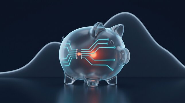 A transparent glass piggy bank containing glowing digital circuit lines on a dark futuristic background