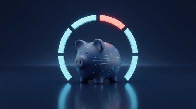 A futuristic digital piggy bank with a neon loading circle on a dark background