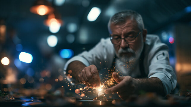 Senior Chef Carefully Plating Gourmet Dish in Dark Kitchen