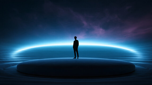 Silhouette of Person Standing on Futuristic Glowing Circular Platform