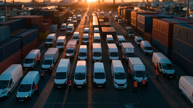 Delivery Vans Fleet Parked at Cargo Container Terminal