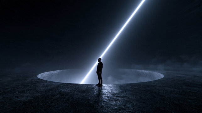 Silhouette Standing at Edge of Glowing Futuristic Portal