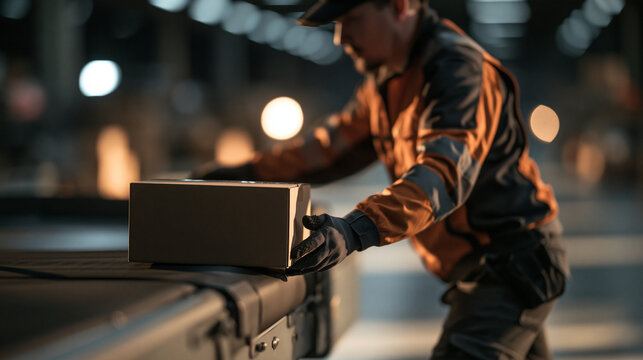 Warehouse Worker Handling Cardboard Box on Conveyor Belt