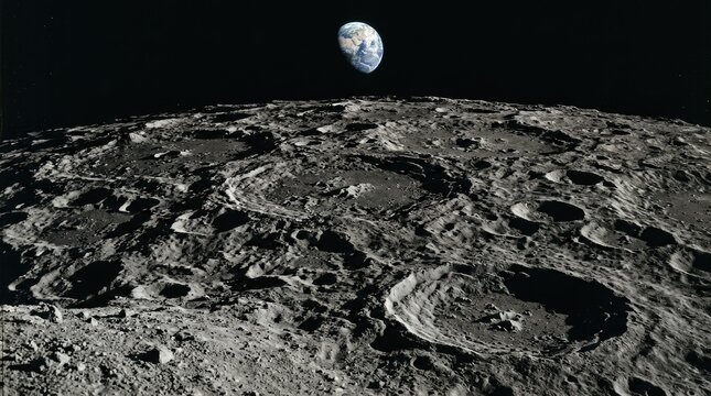 Lunar surface displaying a heavily cratered moon landscape, demonstrating the ballistic sponge effect that shields earth, showing deep impact scars, dusty regolith terrain, planetary protection.