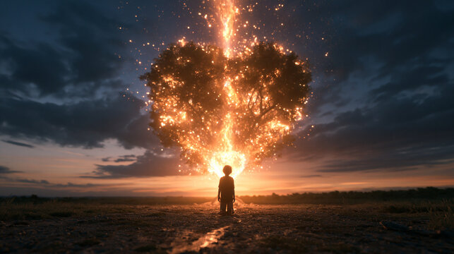 Glowing Heart Shaped Tree with Child Silhouette at Sunset