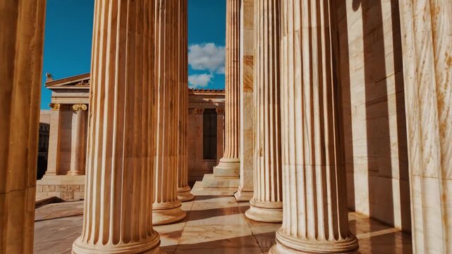 Majestic marble columns of the Academy of Athens showcasing classical Neoclassical architecture in Athens, Greece