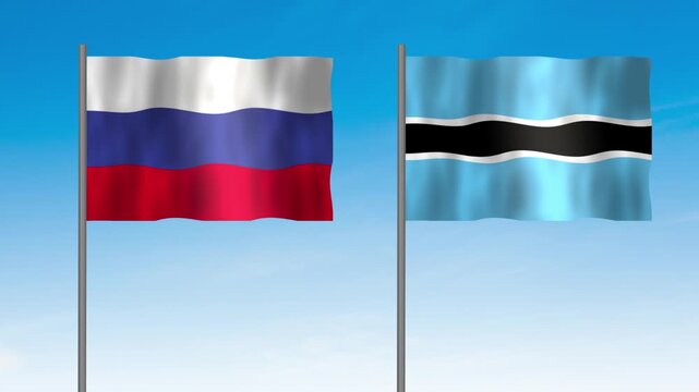 Flag of Botswana and Russia, Pole flag of Botswana and Russia on clear sky background. Botswana and Russia flag waving. 
