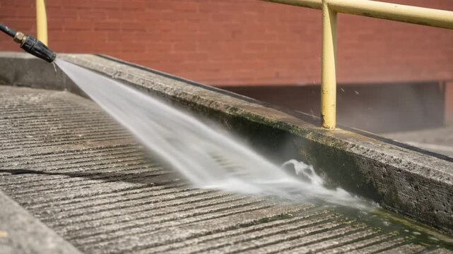 high pressure water blasting a grooved concrete accessibility ramp sloping downward with a rough grey finish