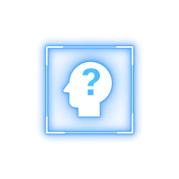 Neon question mark head icon on transparent background, Square frame neon head icon