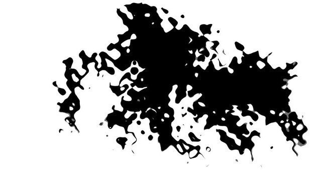 Transitions of black expanding paint stains on white backdrop Grunge Ink spreads and fills the screen. black ink watercolor effect on wet white canvas, ink drop effect, 4k animation