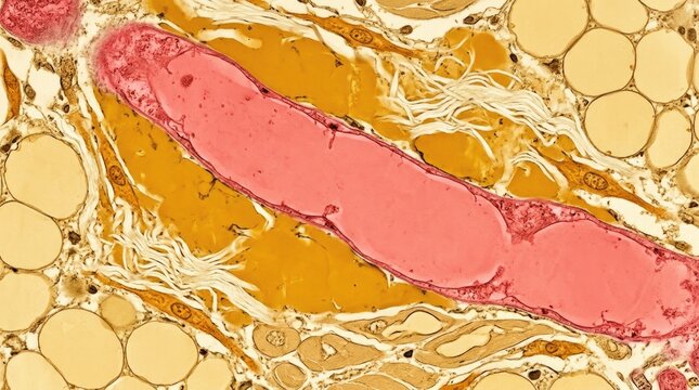 Translucent lymphatic capillary displaying tension, silvery collagen anchoring filaments pull endothelial wall, amber interstitial fluid drains across lobulated adipose tissue.
