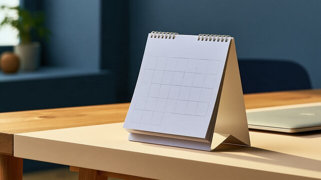 Desk calendar with blank grids on a warm timber worktop, featuring a matte finish and soft window light for business planning and appointments