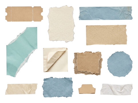 Assorted torn paper sheets and sticky tape pieces over checkerboard grid background for creative scrapbook moodboard designing