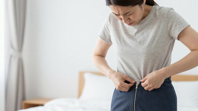 Frustrated Japanese Middle Aged Woman Unable to Zip Up Tight Skirt After Weight Gain, Diet Concept, Copy Space on the left, Close up shot