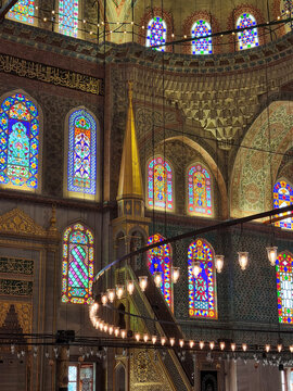 colorful stained glass windows inside historic mosque