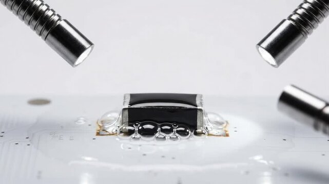 tiny black ceramic surface mount resistor vibrating atop a boiling pool of liquid flux on heated pads