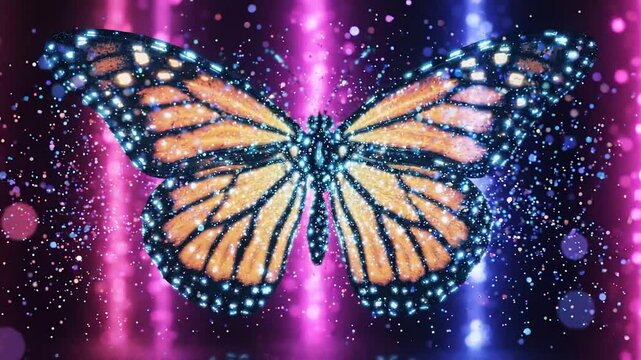 Sparkling monarch butterfly emerges with vibrant neon lights and glowing particles, magical metamorphosis and fantasy transformation, beautiful motion footage.
