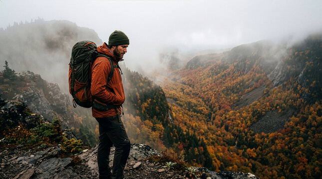 Male hiker with heavy backpack standing on a foggy mountain ridge overlooking an autumn valley with colorful fall foliage, adventurous trekking and wilderness exploration in misty nature Generative Ai