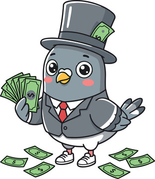 Cute rich pigeon tycoon mascot vector illustration wearing a suit top hat holding money cash bills scattered on floor isolated on white