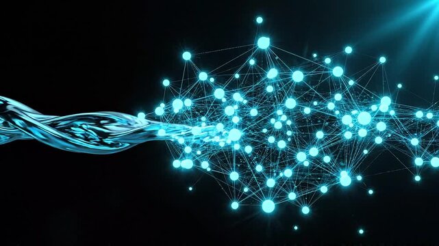 Futuristic digital network emerging from metallic strands transforming into glowing nodes and lines, abstract technology background.