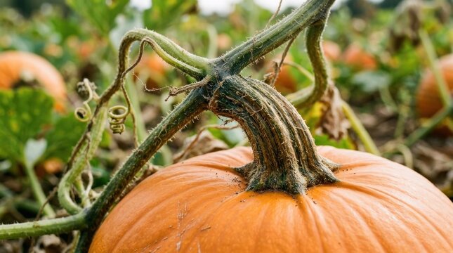 Close-up of a bright orange pumpkin growing on a vine in a field.