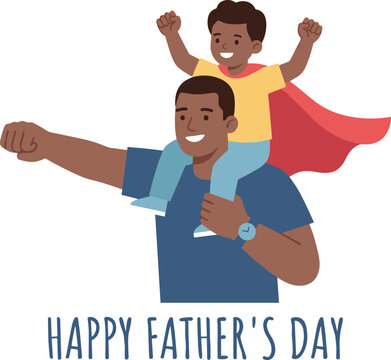 Happy Fathers Day greeting card vector illustration featuring flat Black dad carrying son wearing superhero cape piggyback isolated on white background