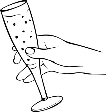 Hand holding champagne flute glass vector illustration in linear hand drawn style