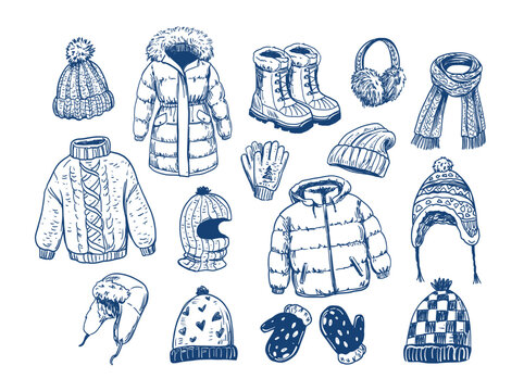 Winter clothing. Hats, jackets, illustration set, monochrome vector sketch.