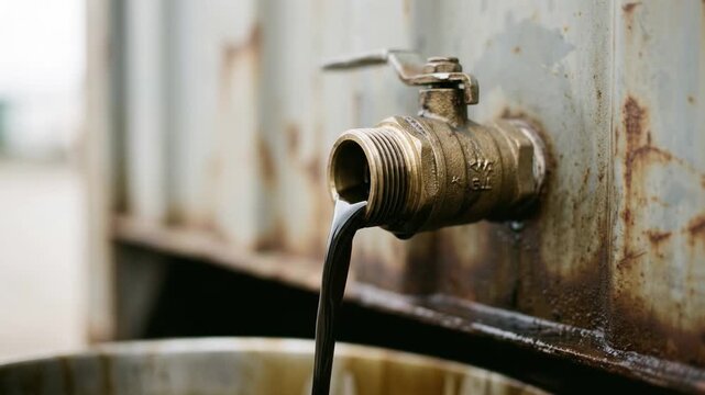 thick synthetic oil pouring continuously from a downward protruding dull tarnished metal brass drain valve