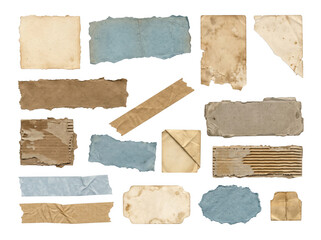 Aged vintage paper scraps and weathered tape pieces create a nostalgic collection perfect for antique styling and retro designs © Liiroy