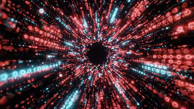 Digital vortex tunnel with glowing red and blue binary code streams plunging into black hole cyberspace futuristic concept.