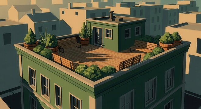 Urban Rooftop Oasis Serene Green Space In City Skyline