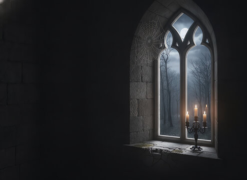 Gothic stone window with spiderweb and candelabra at night