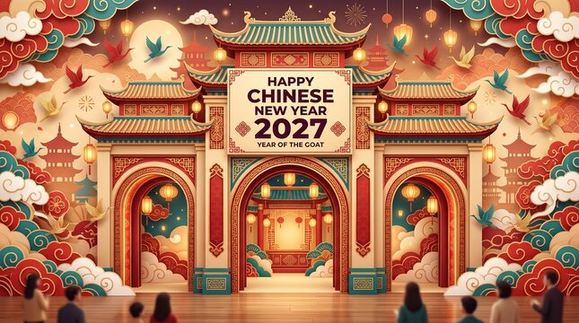 Festive Chinese New Year 2027 celebration banner with traditional temple gate, glowing paper lanterns, and colorful paper art clouds in warm lighting.
