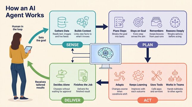 How an AI Agent Works Infographic: Sense, Plan, Act and Deliver Workflow with Human in the Loop