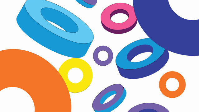 Colorful toroidal shapes float against a white background