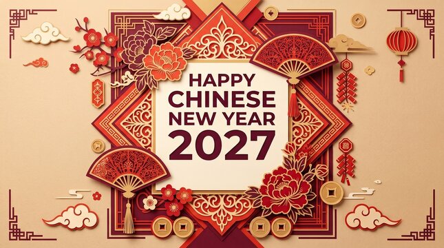Happy Chinese New Year 2027 greeting card design with intricate red and gold paper cut art elements, traditional flowers, fans, and lanterns.