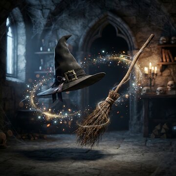 Witch hat and magic broom floating in a mystical castle dungeon with glowing golden sparkles and magical energy