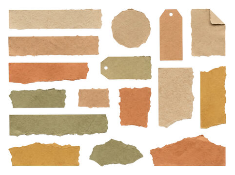 Assorted torn craft paper pieces in warm natural shades offer rustic textures perfect for digital collages and journal elements.