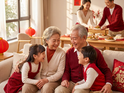 Happy multi-generation Chinese family celebrating Chinese New Year together at home with grandparents and grandchildren on the sofa