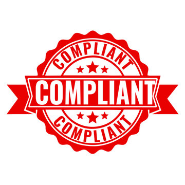 Red round compliant stamp seal with ribbon banner for official business document verification and quality control approval symbol in a simple flat style