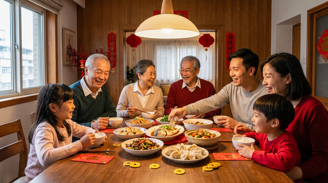 Multi-generational Chinese family enjoying reunion dinner together at home during traditional Lunar New Year celebration