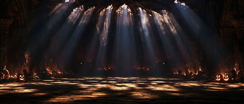 Halloween pumpkins and jack lanterns on a smooth violet stone floor with beams of moonlight, creating a mysterious atmospheric background for spooky posters